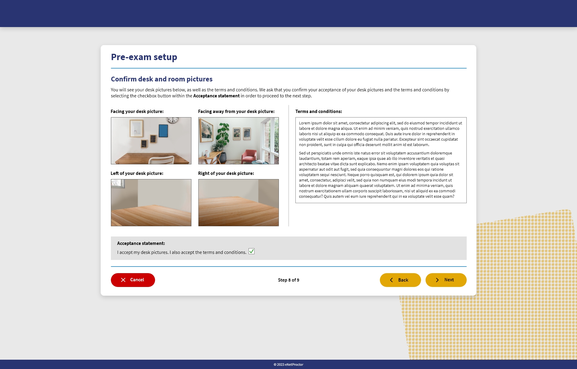 Screen 8 - confirm desk and room pictures.